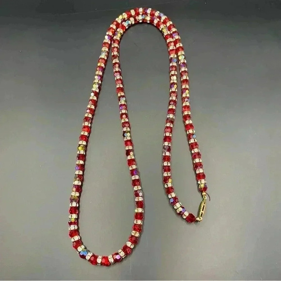 VGT Red Rhinestone & Crystal Gold-tone Clasp Long Necklace 18” Strand - Picture 1 of 6